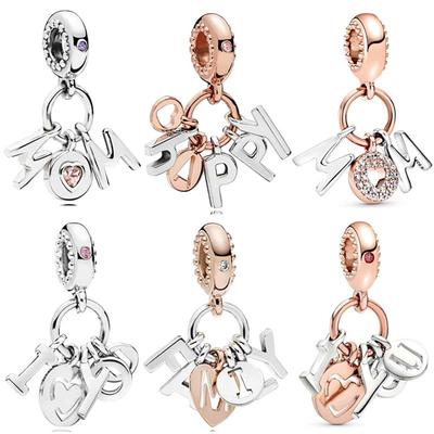 Oryginalne S925 Srebro Próby Mama Miłość Serce Koraliki Charms Kocham Cię Szczęśliwe Litery Wisiorek Pasuje Bransoletka Modowa Biżuteria DIY