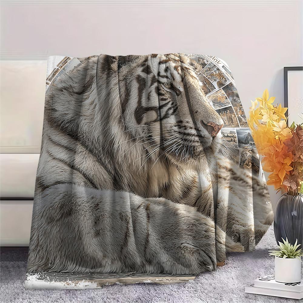White Tiger Print Flannel Blanket, High Quality Comfortable for All Seasons, Home Decor, Warmth and Comfort, Perfect for Christmas Gifts
