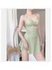 Abito da bagno intero da donna tinta unita imbottito con schiena incrociata, costume da bagno monokini sexy con scollo e controllo pancia arricciato, costume da bagno snellente per piscina termale