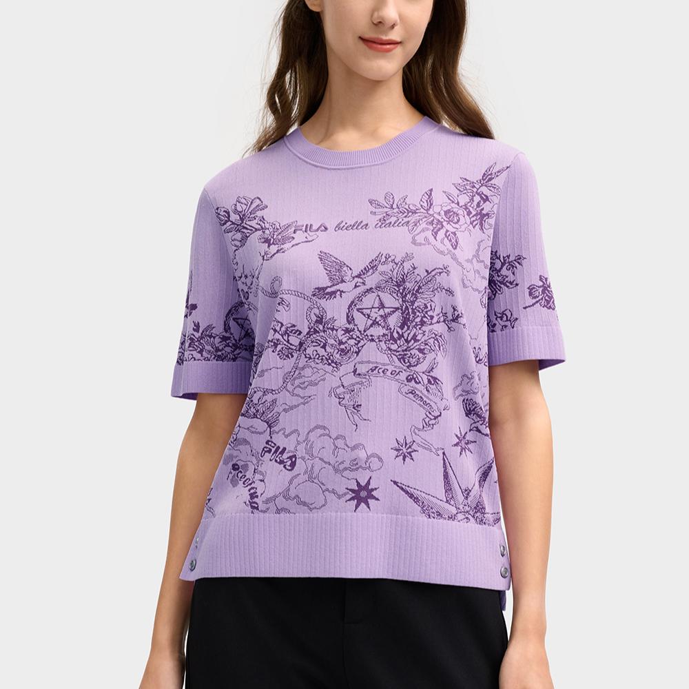 FILA Fashionable Comfortable Short Sleeve Knitted Top Women tops Light-Lavender-Purple F11W518410FVT