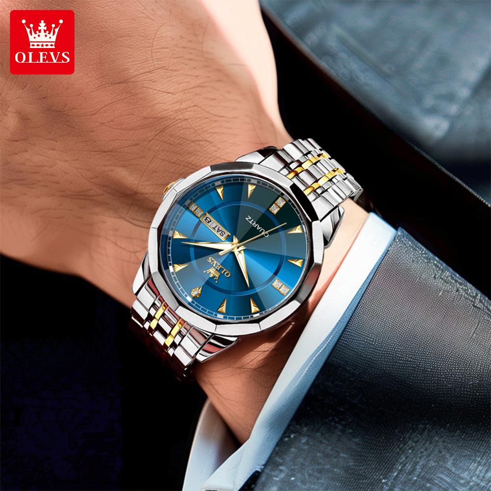 OLEVS Fashion Classic Dual Calendar Quartz Watch For Men Rhombus Mirror Luxury Wristwatch Waterproof Original Man Watches