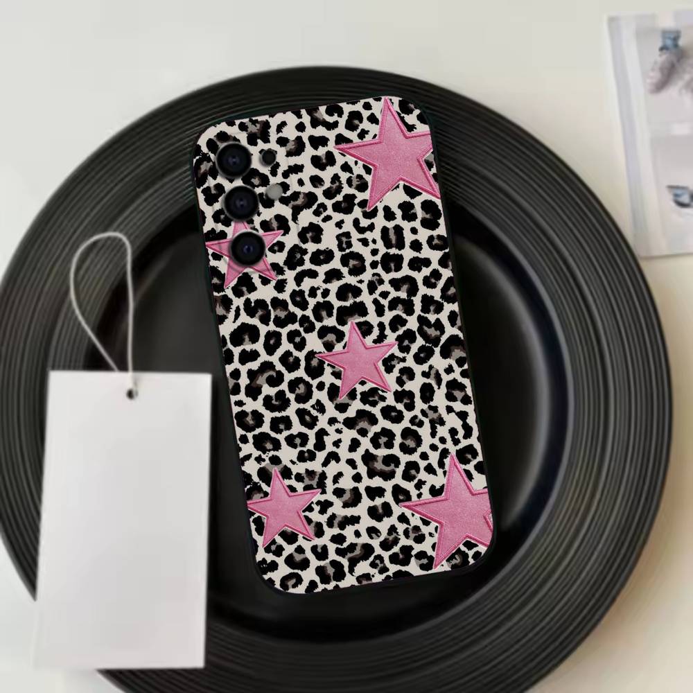 Leopard Print C-Cherry Star  Phone Case Black Silicone Soft For Samsung S25,S24,S21,S22,S23,S30,Ultra,S20,Plus,Fe,Lite