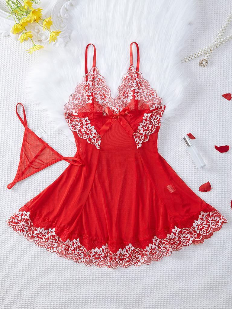 Transparent Thin Style G-string Lace Ruffle Trim Lingerie Set Women Nightgowns Sleeveless Sleepwear Sexy V-Neck Bra Panty Sets