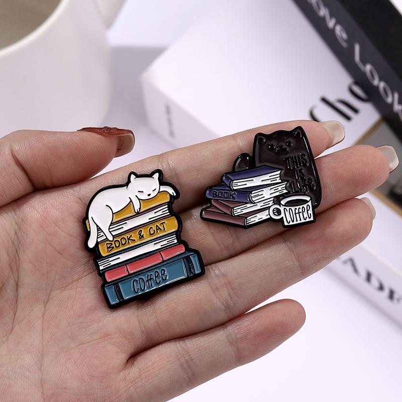 This Is Life Enamel Pins Custom Cats Books Coffee Brooches Lapel Badges Animal Pet Reading Jewelry Gift for Kids Friends
