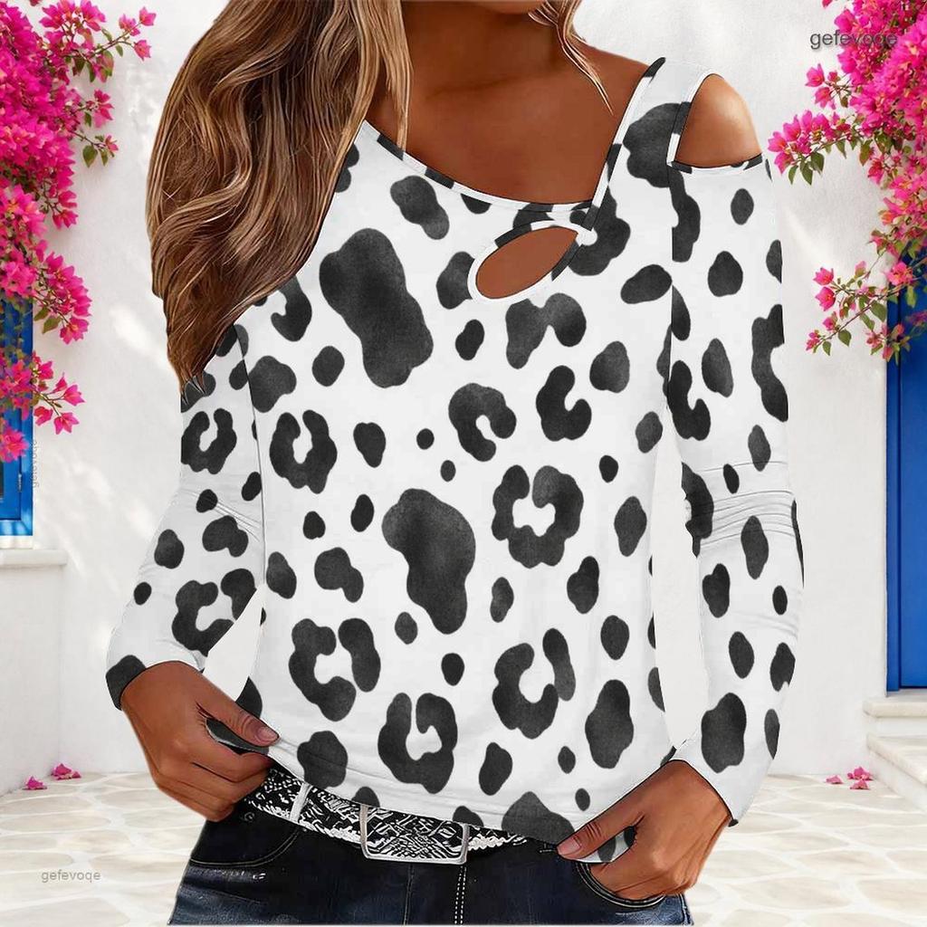 Women Plus Size Fitted Leopard Print Asymmetric Cutout Neck Cold Shoulder Long Sleeve Shirt
