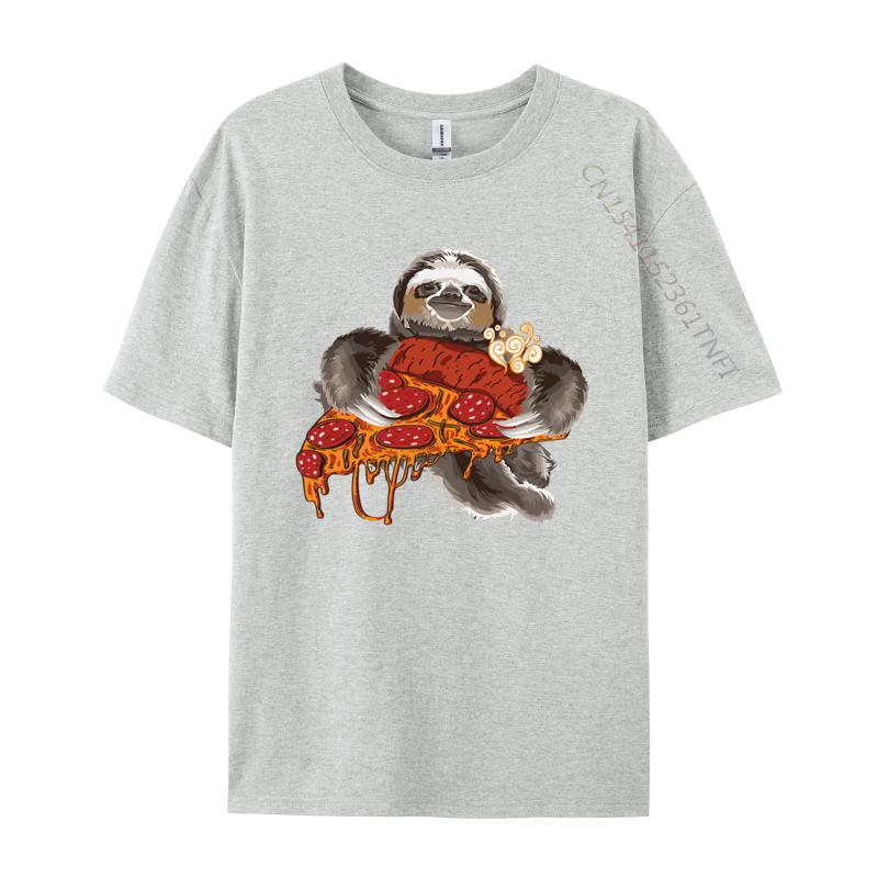 Sloth Holding Pepperoni Pizza Funny TShirt Tee Top Camisas Men Casual Clothing Gift Newest Tshirt Streetwear