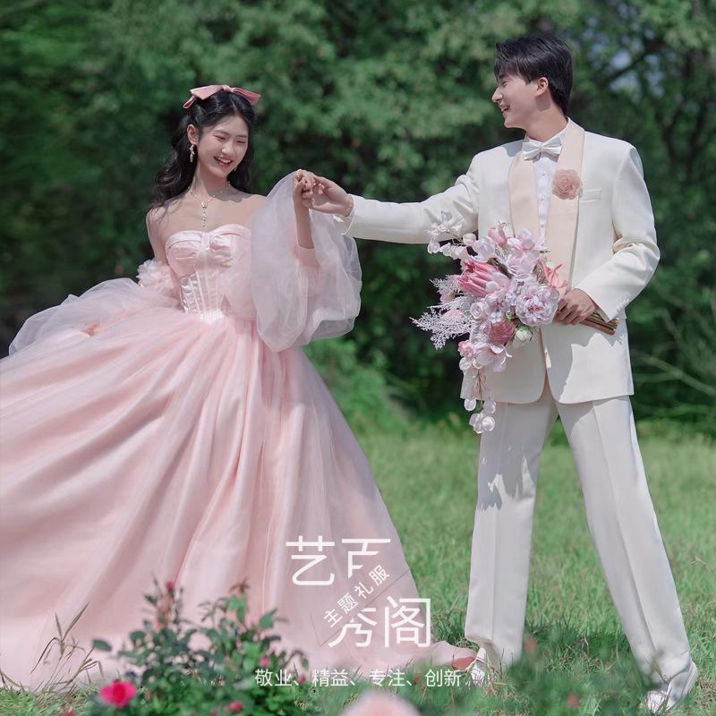 Temperament Girl Wedding Dress Outdoor Dress Pink White Color Dress Travel Light Wedding Dress