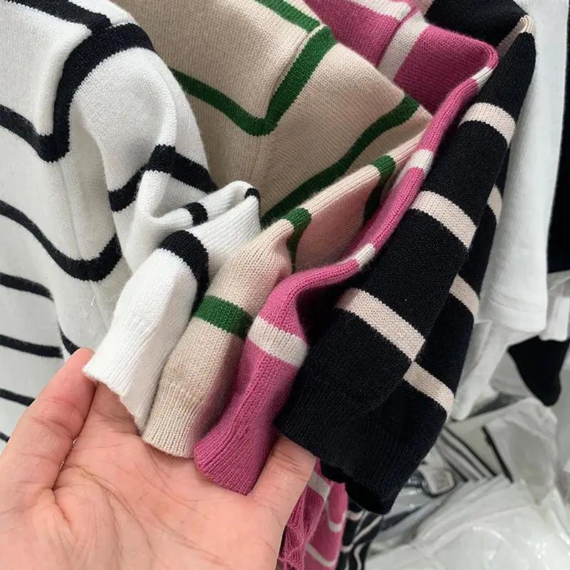 Summer Casual Striped Knit T-Shirt Women's Slim Fit Crew Neck Short Sleeve Top