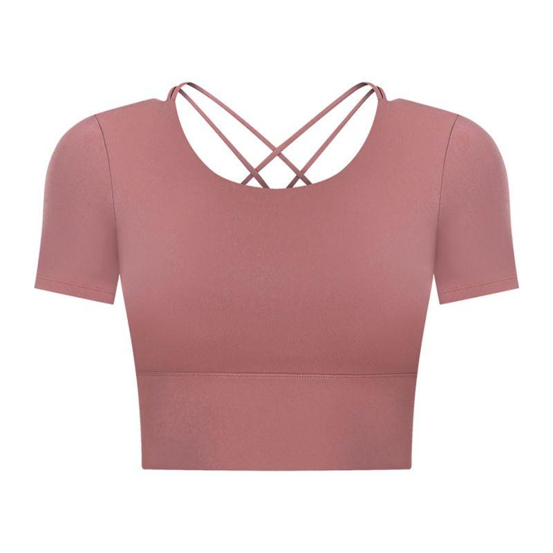 Original Open Back Yoga Jacket Short Sleeve Tight Sports T-shirt with Chest Pad Women's Quick-Drying Running Fitness Clothes Summer