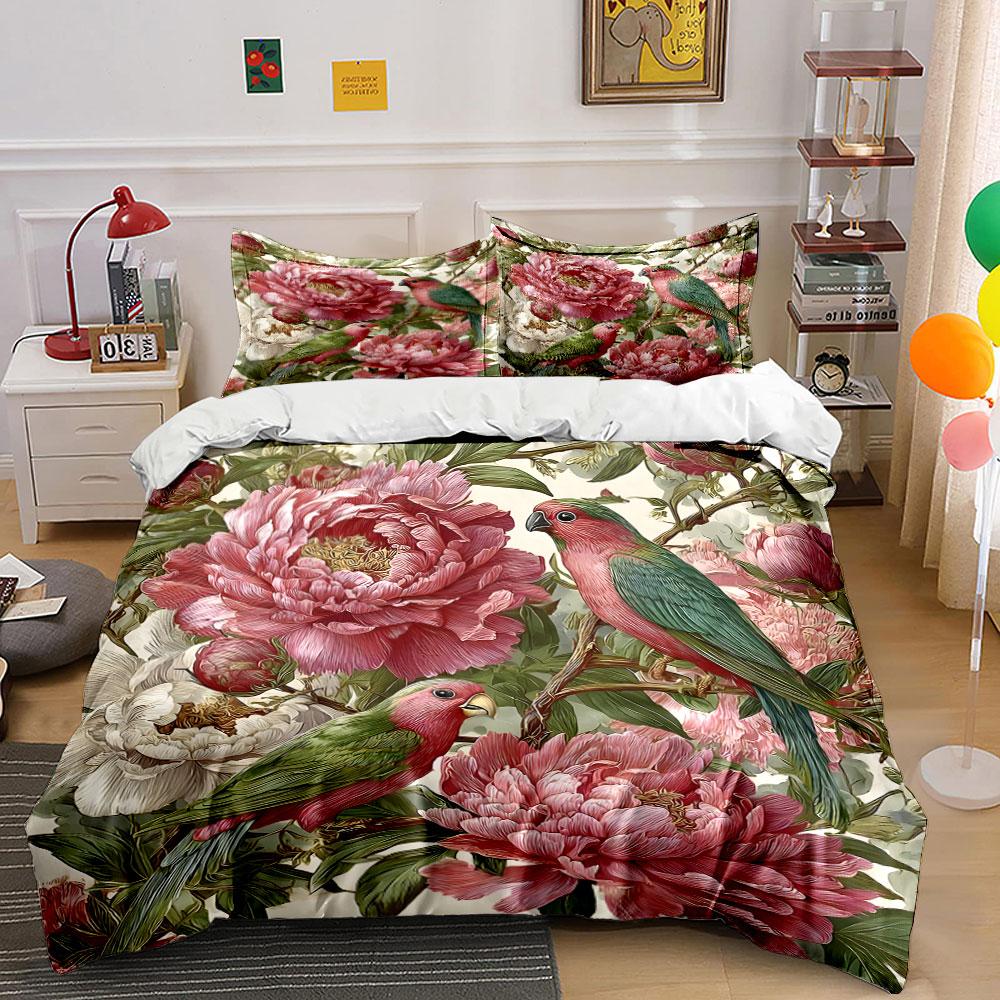 Floral Parrots Decorative Print Bedding Duvet Cover Set (1*Duvet Cover 2*Pillowcases, without duvet insert)