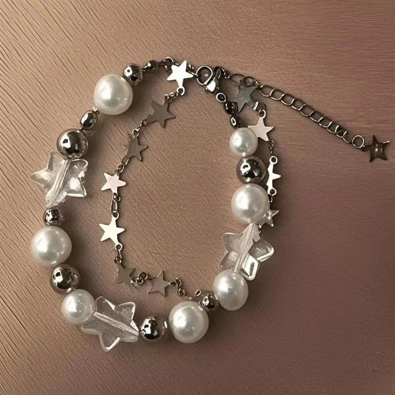 Crystal Star Pentagram Pearl Beaded Bracelet for Women Vintage Aesthetic Charm Double Layer Chain Bracelet Jewelry Gift