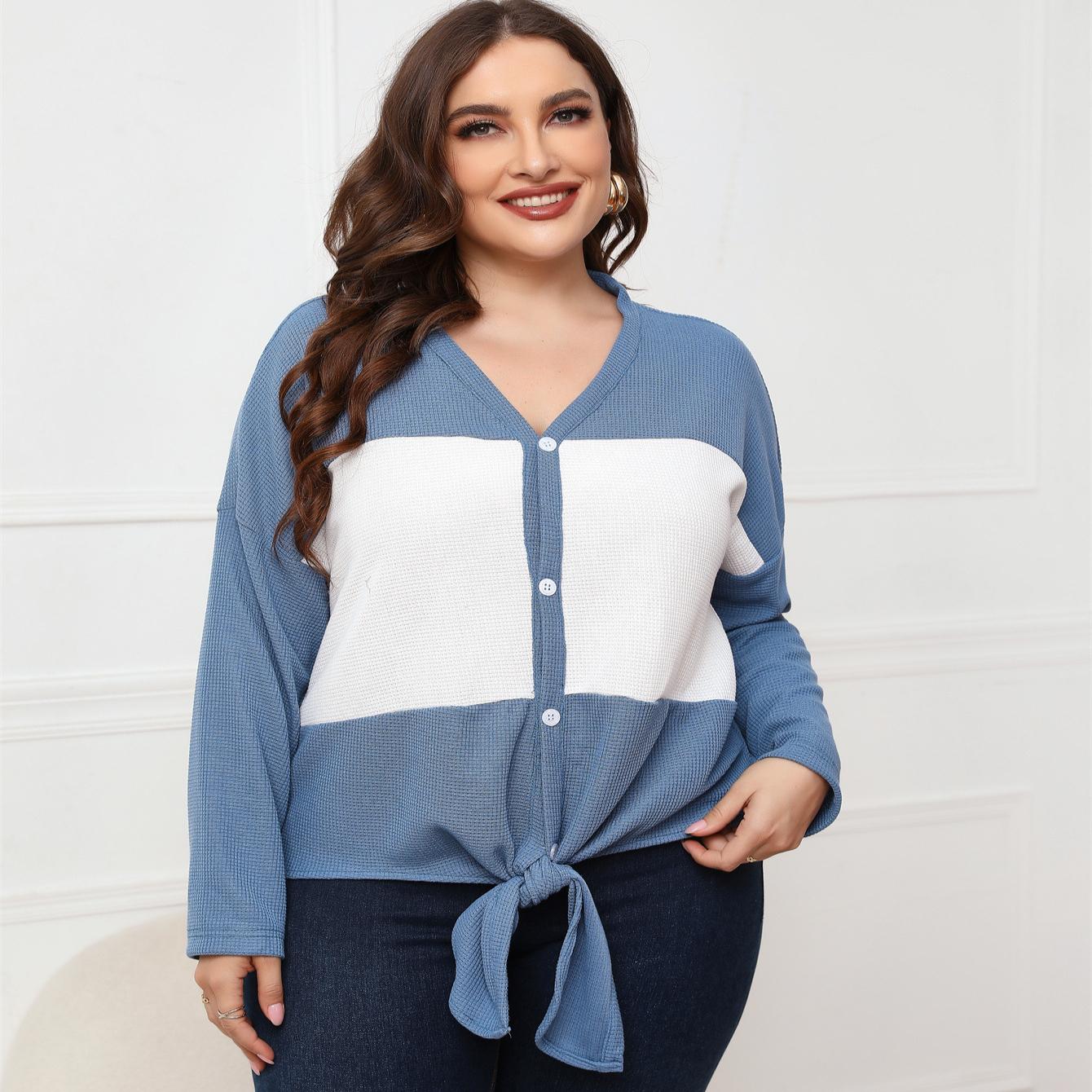 

Плюс Размер Женский Весна Осень Длинный Рукав V-образный Вырез Открытые Лацканы Топ 4XL синий