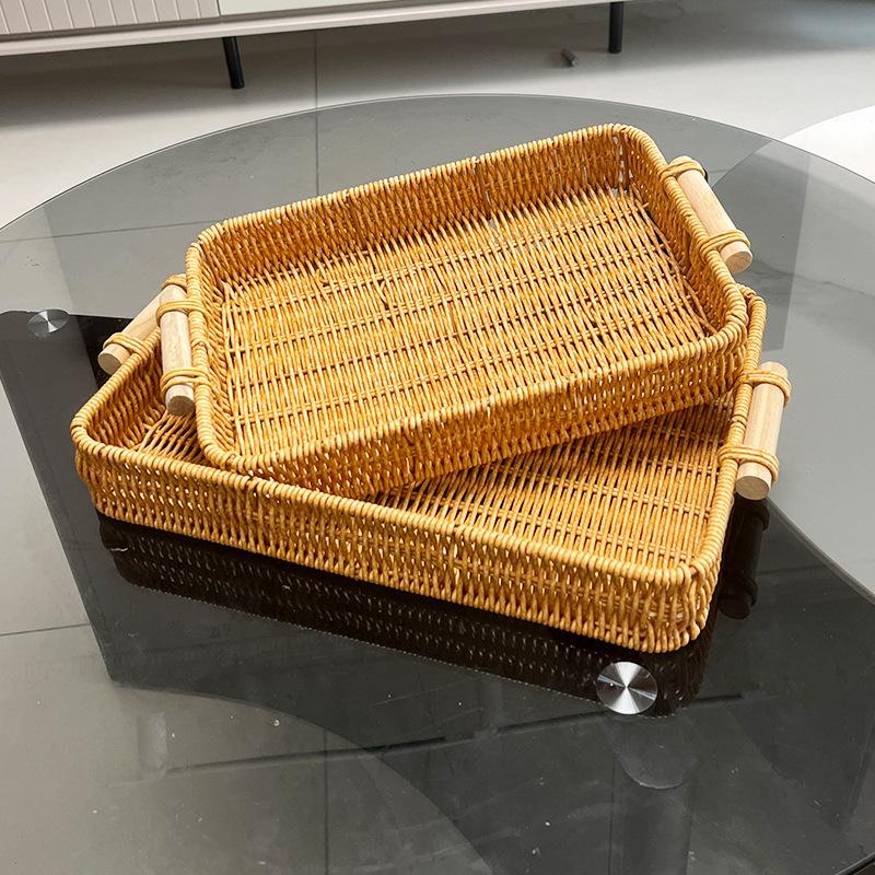 Multi-Use Pp Woven Storage Basket With Wooden Handle Modern Rectangular Shallow Bin For Living Room Bedroom Kitchen Hotel Servic