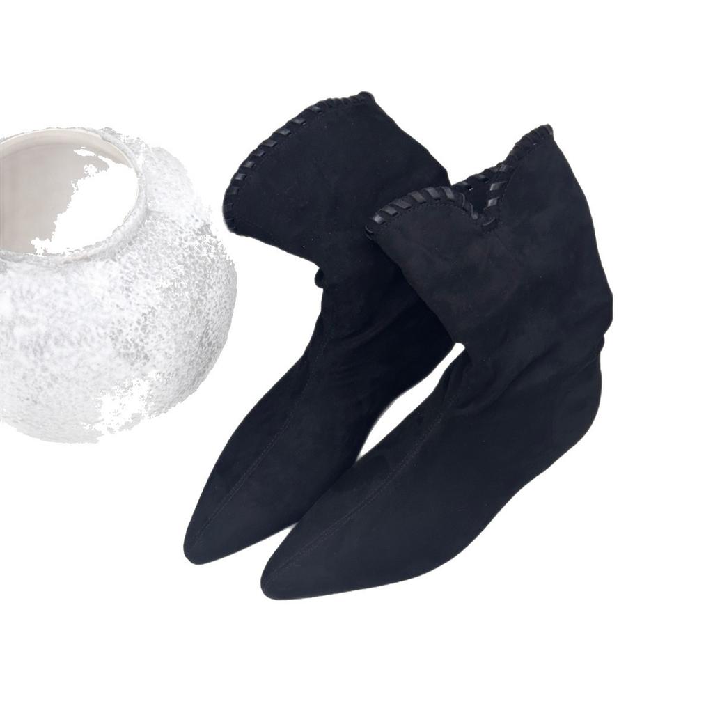 2025 nowe buty internetowej celebrytki, retro zamszowe szpiczaste na niskim obcasie, plisowane, średniej długości cholewki, modne, casualowe, kowbojskie buty damskie