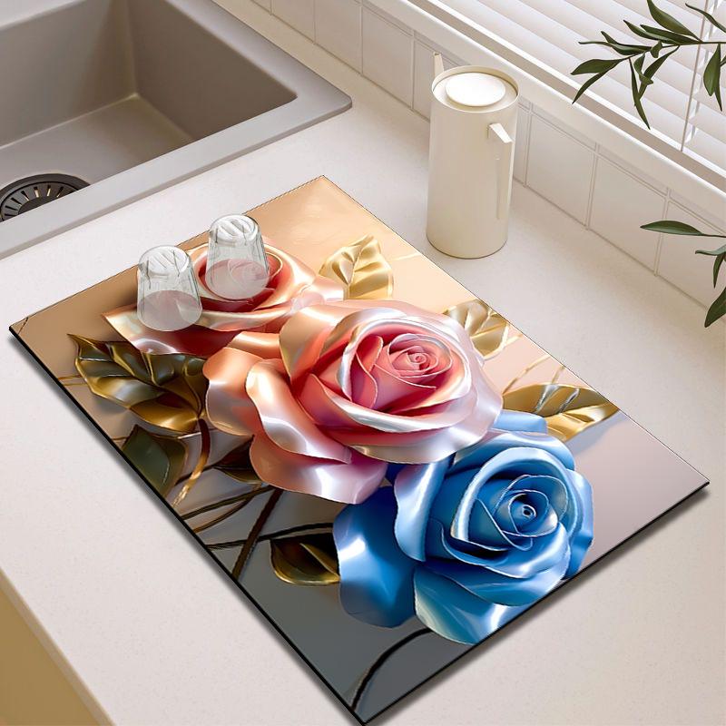 3D Floral Diatom Mud Drain Pad - Heat-Insulating, Quick-Drying, Non-Slip Kitchen Mat