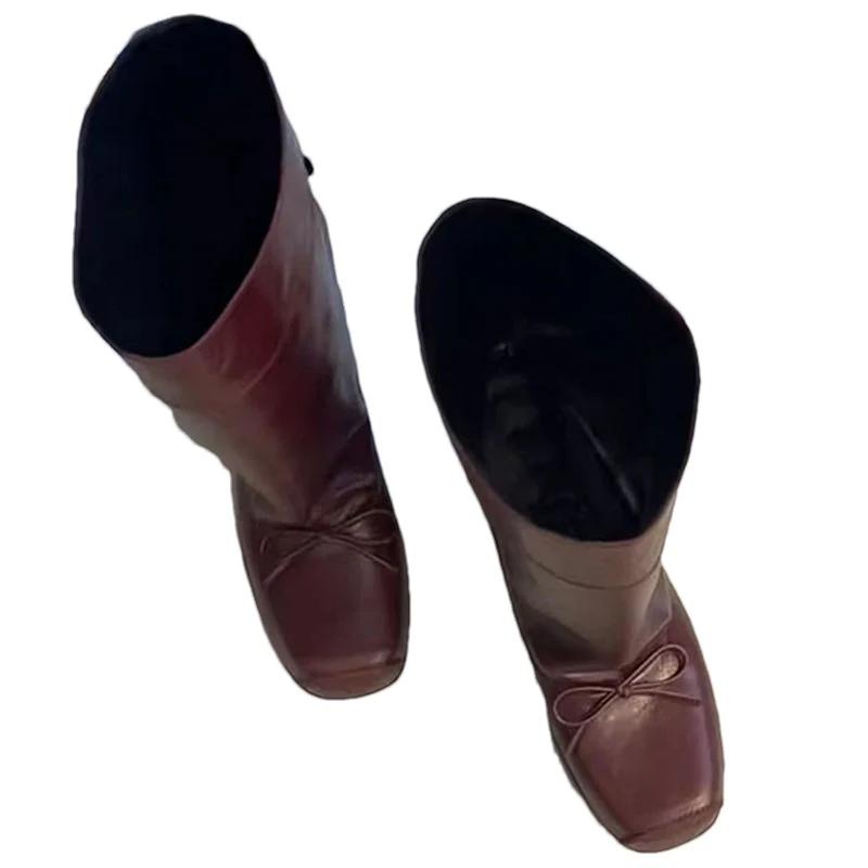 Schleife Quadratische Zehenpartie Damen Mid-Calf Schneestiefel Flats Designerschuhe Mode Winter Motorradstiefel 2024 Trend Kleid Zapatillas Mujer
