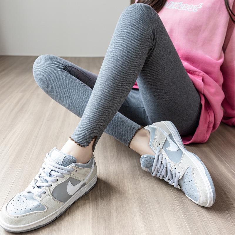 Women's Gray Cotton Skinny Tummy-Control Pants - Slimming, Elastic, Nine-Point Length, High Elasticity, Suitable for Outdoor Wear.
