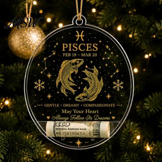 Hanging Decor for Showcase Christmas Tree Money Holder Pendant, Transparent Acrylic Round Ornament, 12 Holiday Gift Tags Zodiac Signs Theme Decorative