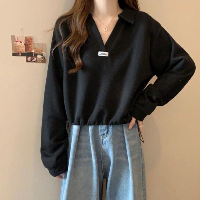 

Реальное фото воротник футболка с длинным рукавом женская осенняя большого размера для полной сестры талия тонкая кулиска короткая футболка поло XL чёрный