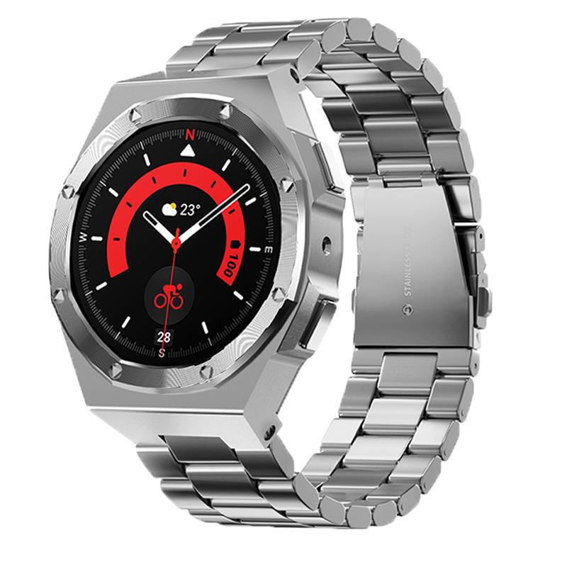 Caixa de metal clássica pulseira de aço inoxidável para Samsung Galaxy Watch 5 Pro 45mm Kit de modificação para Galaxy Watch 5Pro Correa de borracha