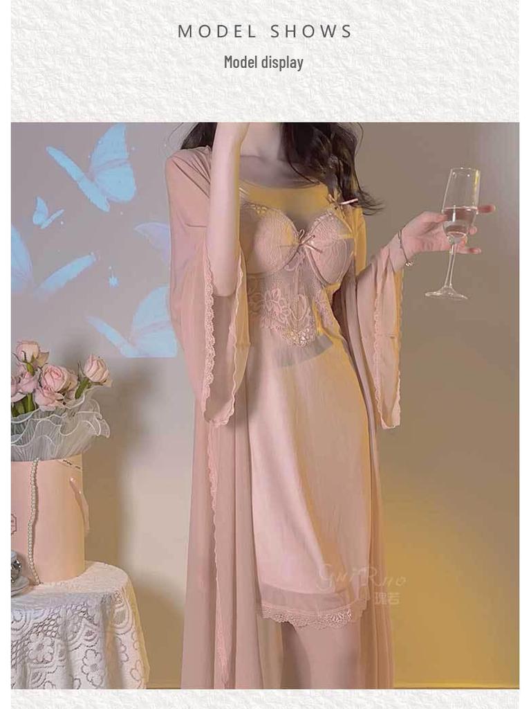 Elegant Underwire Camisole Nightgown with Chest Pads & Robe Set for Women