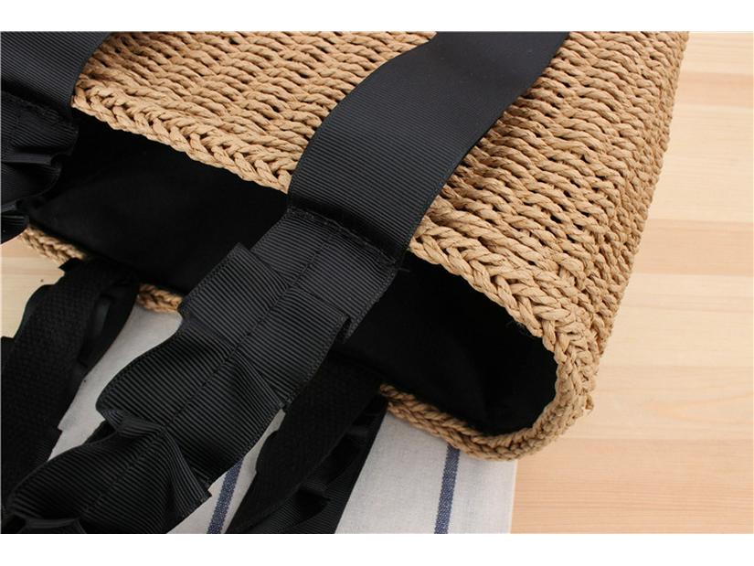 Women's Casual Beach Tote: Solid Color Handheld Paper Rope Bag with Ribbon Handle