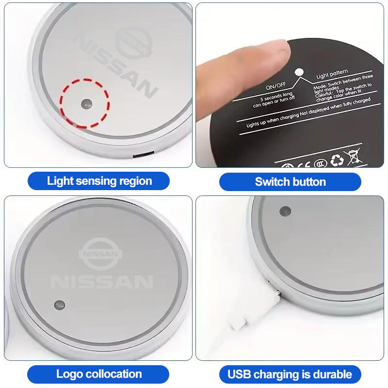 For Nissan ADFG37 Color Car Coaster Cup Pad Smart LED Atmosphere Light Mat For Nissan Qashqai J11 J12 Sylphy N7 Teana Note Navara Juke GTR Tiida