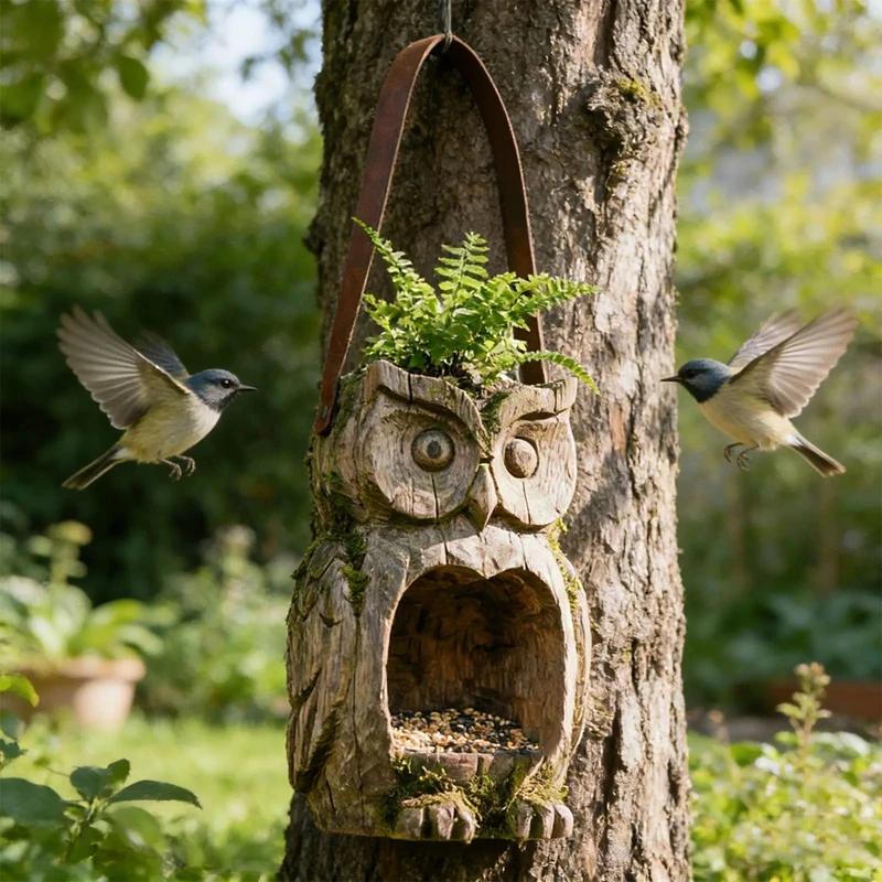 Resin Tree-Mounted Bird Feeder Owl Shaped Sparrow Feeding Station Weather-Resistant for Outdoor Garden Backyard Patio Yard Porch