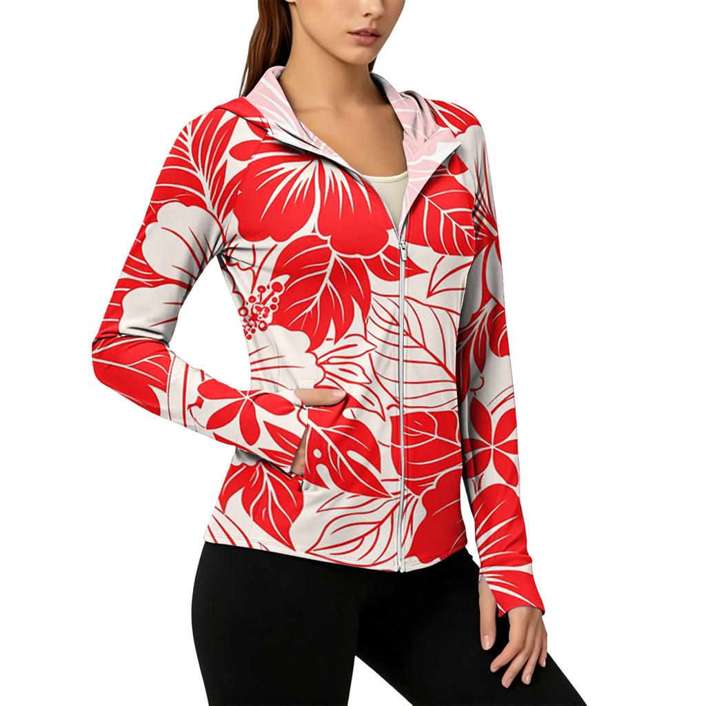 Women’s Zip Up Hooded Sun Jacket with Pockets Long Sleeve Lightweight Outerwear Tropical Print Design