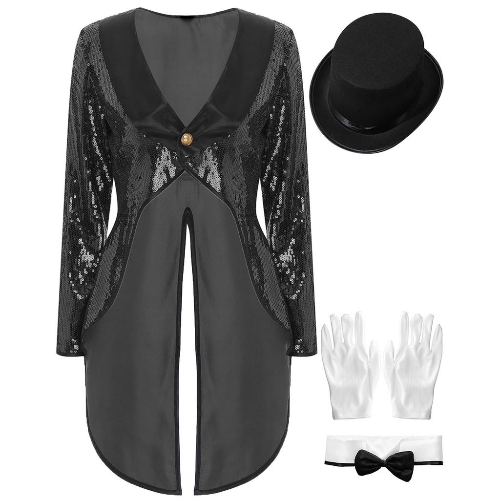 Womens Magician Costume Set Long Sleeve One Button Patchwork Sequin Tailcoat Hat Bow Collar Gloves Halloween Cosplay