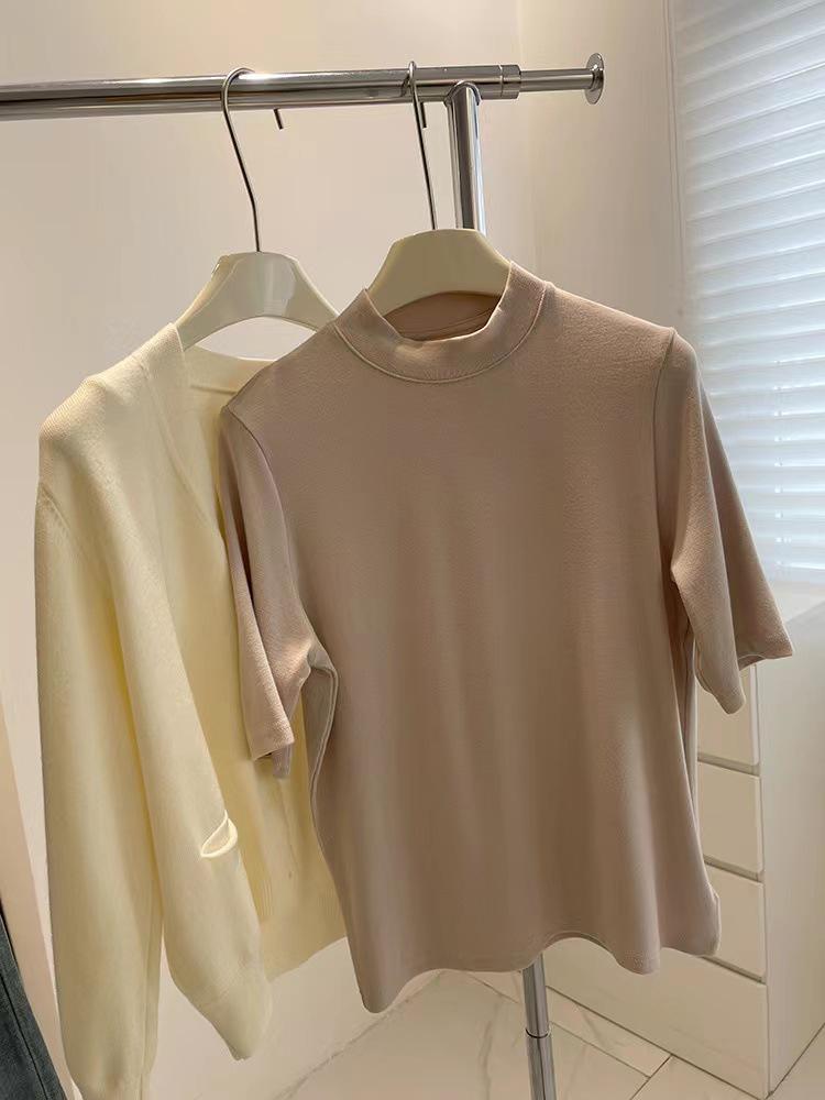 Women's Short-Sleeve, Half-High Collar Brushed T-Shirt - Chic, Thickened Base Layer