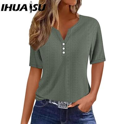 אופנת נשים מזדמנים קיץ בצבע אחיד הדפסה בצבע אחיד חולצות וחולצות עם שרוולים קצרים עם צווארון V