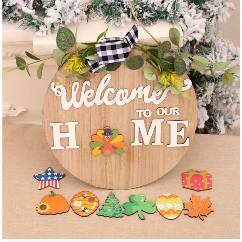 

DIY Bow Сменный Узор Деревянный Приветственный Дверной Знак Рождество Хэллоуин ДОМАШНЯЯ Дверная Подвеска Венок