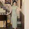 Republic of China Style Fresh Green Grid 1011 Cheongsam Women's Summer Sleeveless Slim and Thin Young Daily Long Dress