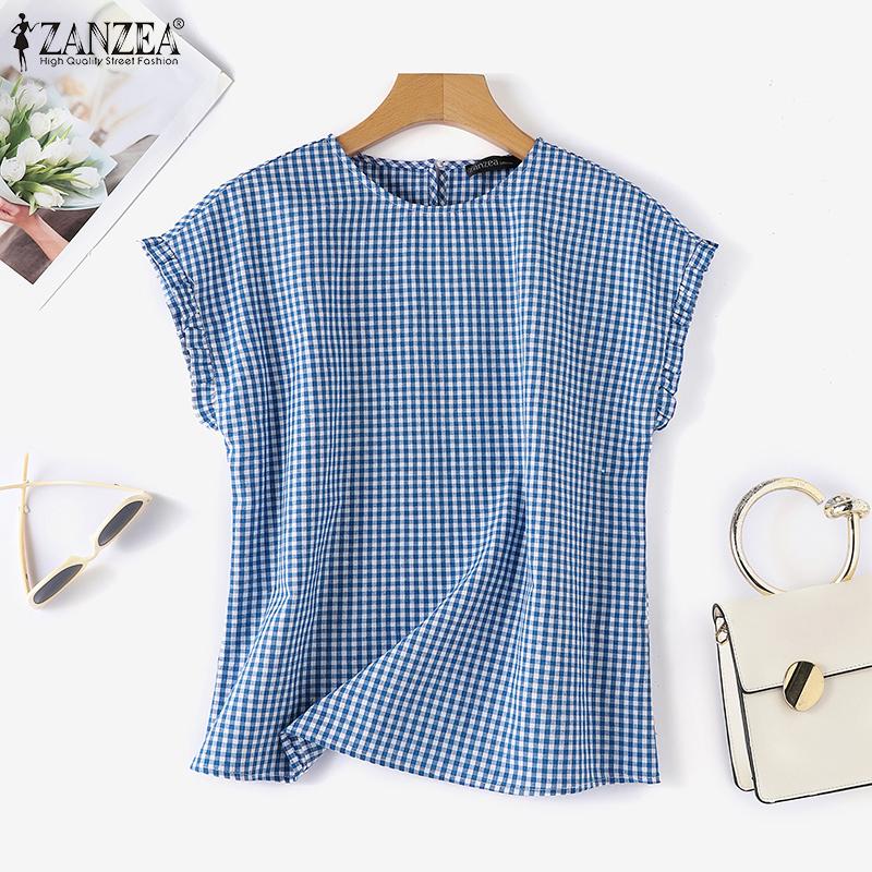

ZANZEA Женская повседневная летняя блузка с коротким рукавом и круглым вырезом в клетку с принтом