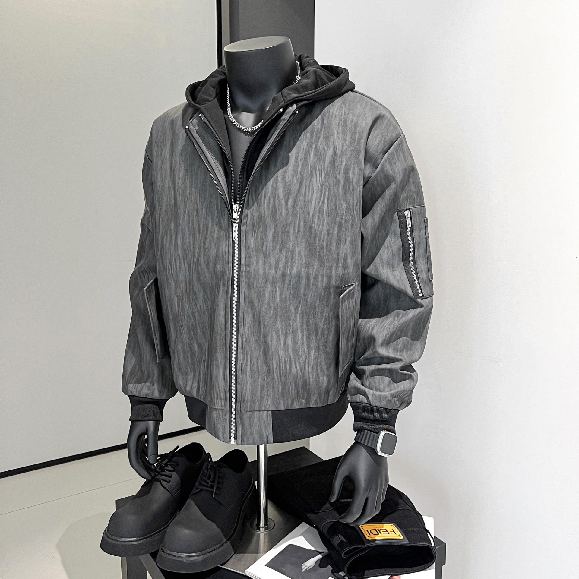 

Men s Two-in-One Hooded PU Leather Jacket - Spring/Autumn American Streetwear Style L сірий колір/чорний