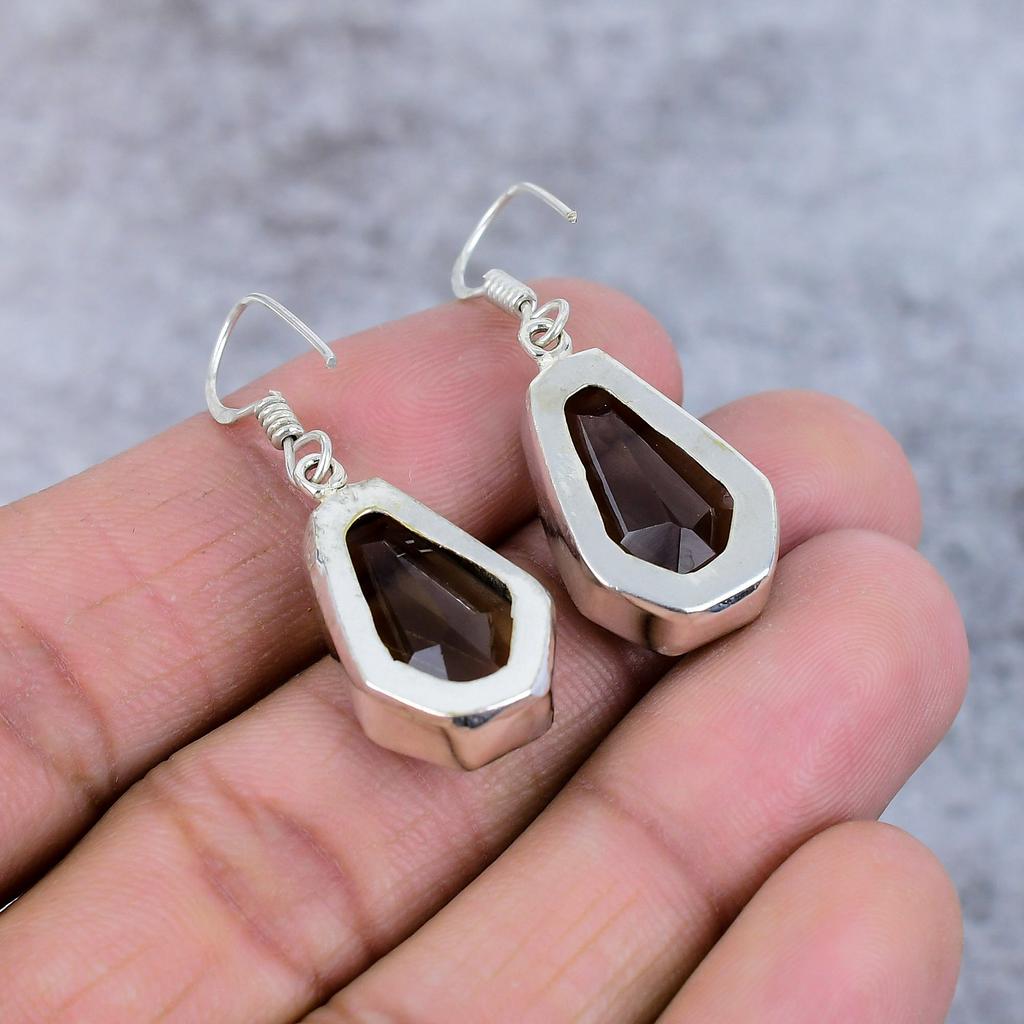 Smoky Topaz Gemstone Handmade 925 Sterling Silver Jewelry Earring 1.58" M-363