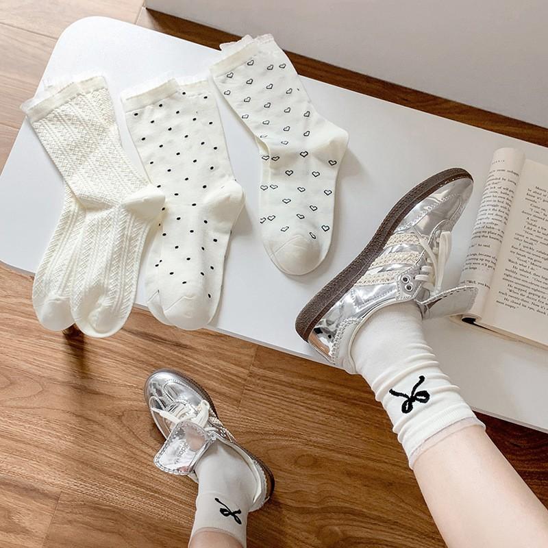 Socks Pure Cotton Medium Tube Socks Spring And Autumn Thin Cream Cute Bow Polka Dot Love Lace Stacking Socks