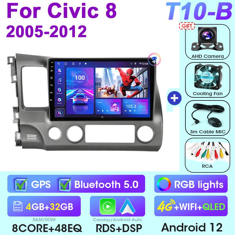 2 Din Android 12 Car Radio For Honda Civic 8 2005 - 2012 Multimedia Video Player GPS Navigation Stereo 4G WIFI Carplay Auto RDS