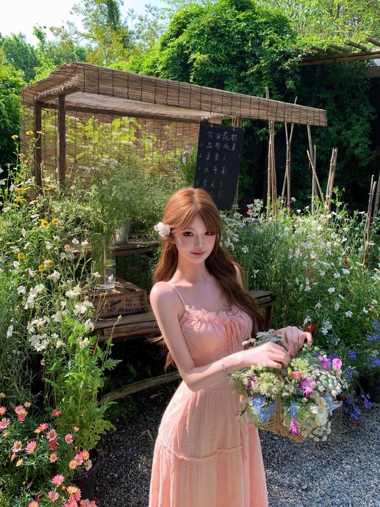 French Sweet and Beautiful Pink Spaghetti Strap Dress, Fairy Summer Seaside Vacation, Waist-cinching Large Skirt, Cake Long Dress