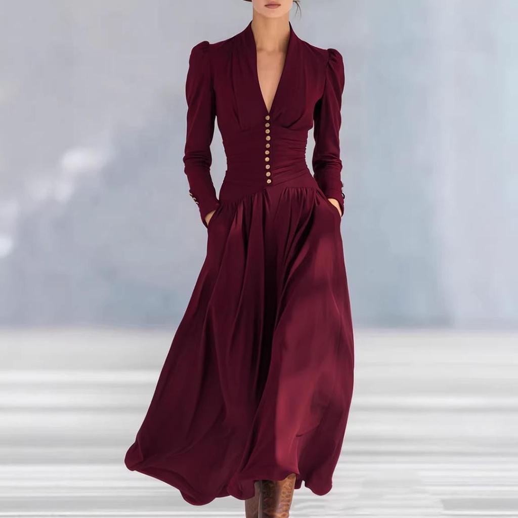 Elegant Waist-Cinching V-Neck Puff Sleeve Long Dress for Women