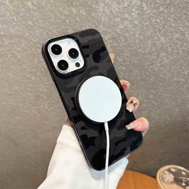 Luxury Camouflage Leather Cooling Frame Magnetic Stand Phone Case iPhone 16 15 14 13 12 Pro Max 11 Plated Shock-protected Rear Cover