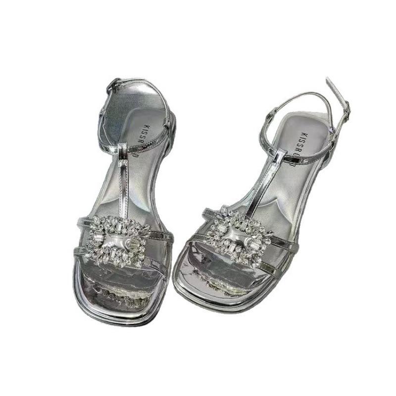 Low-heeled niche rhinestone square-toed sandals female new summer fairy with skirt shoes