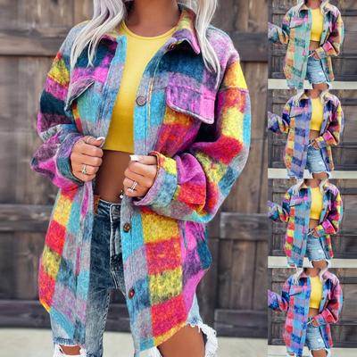 Women's Fashion Single Breasted Elegant Lapel Long Sleeve Flip Cover Shirt Jacket Autumn Color Block Print Jacket Woolen Jacket