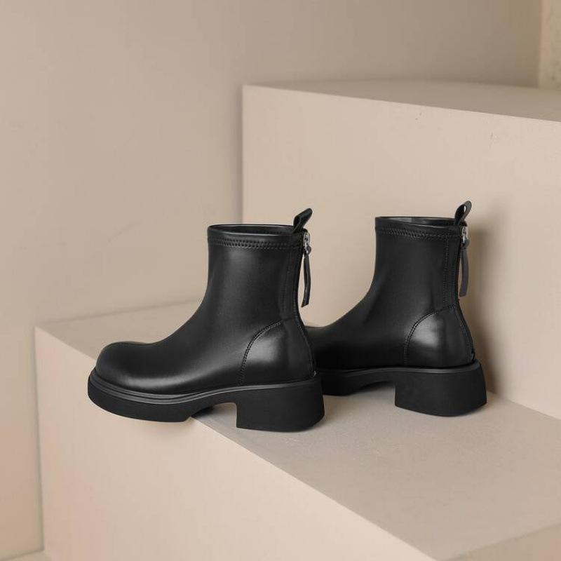 New medium heel large size women's boots rear zipper solid color autumn and winter platform Martin boots Korean version non-slip medium boots women