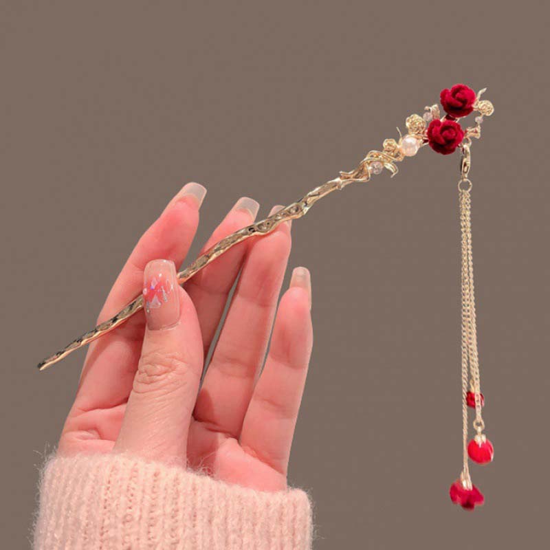 Retro Rose Hairpin For Women Chinese Style Tassel Hair Stick Pins Hair Clips Flower Handmade Hairpins Valentine's Day Headwear