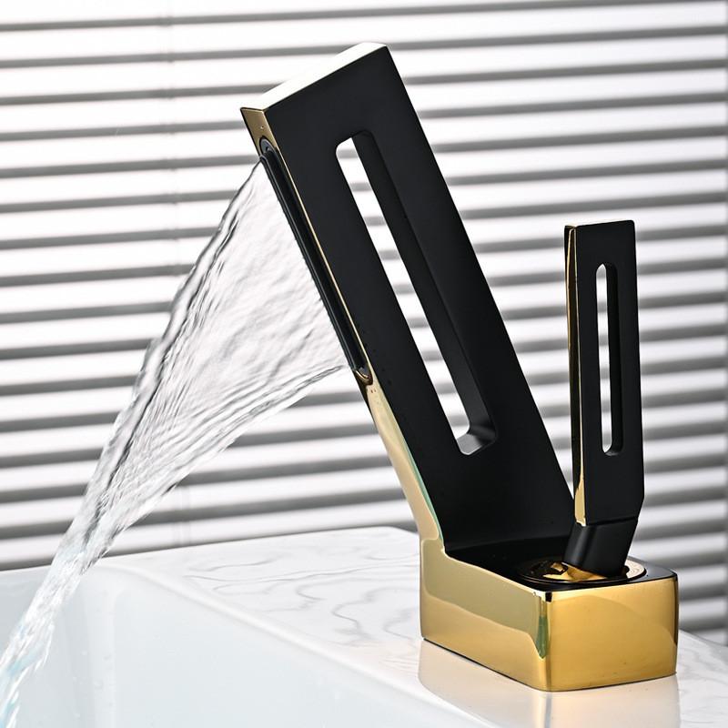 Tuqiu Bathroom Faucet Brass Gray Bathroom Basin Faucet Cold And Hot Waterfall Mixer Sink Tap Deck Mounted Black & Gold Tap