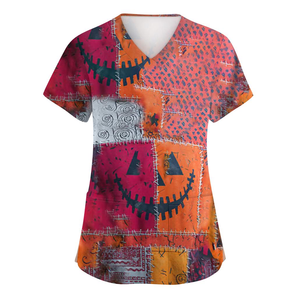 Women's Fashion Short Sleeve Halloween Print V-Neck Pocket Workwear Tops