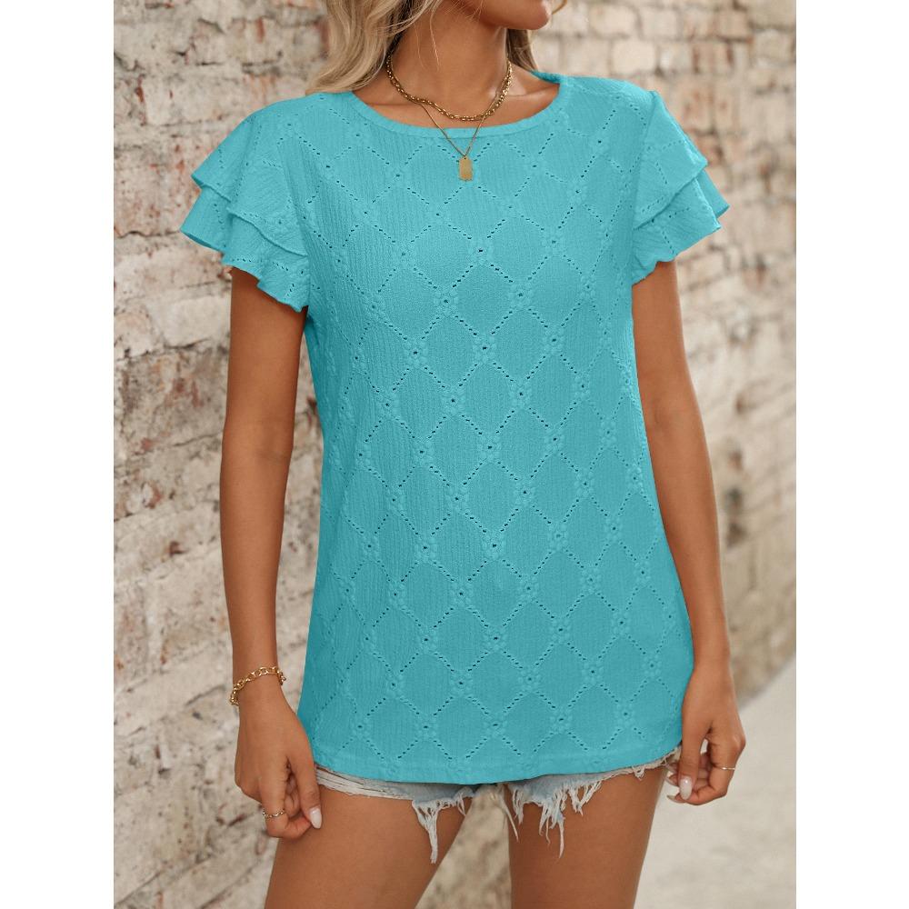 Damen Sommer Neuer Stil Einfarbig Rundhals Süß Kurzarm T-Shirt Ausgehöhltes Oberteil