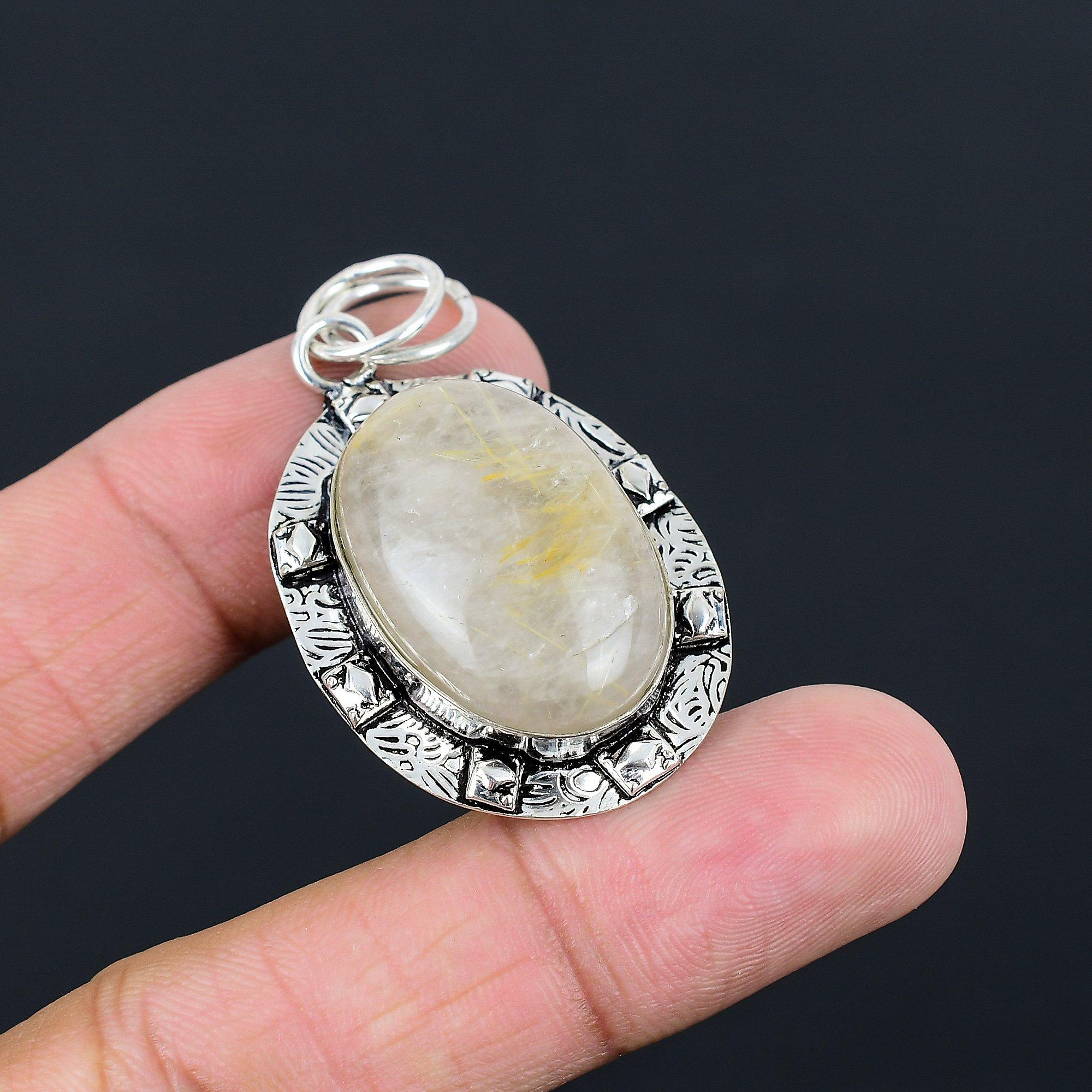 Daughters Day Sale Golden Rutile Gemstone Elegant Birthday Pendant 925 Silver